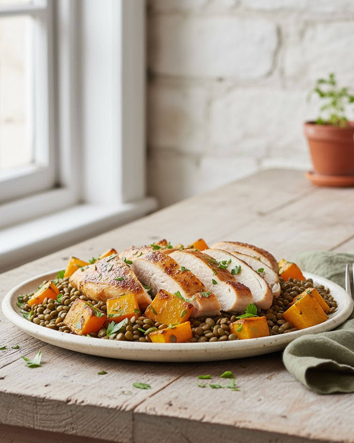 Déjeuner | Filet de poulet fermier, lentilles vertes et courge rôtie