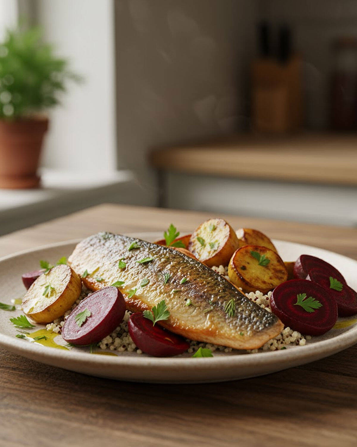 Diner | Truite de rivière rôtie, purée de topinambour et salade de betteraves